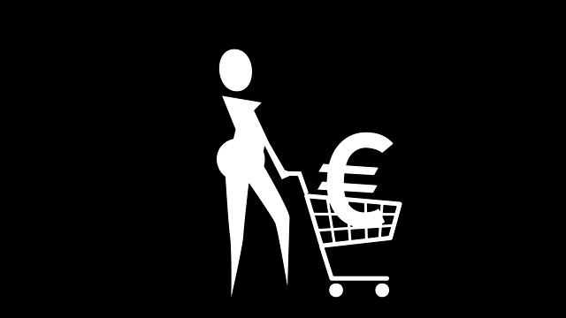 扁黑棍图女孩商人推购物车与欧元钱标志卡通人物动画视频下载
