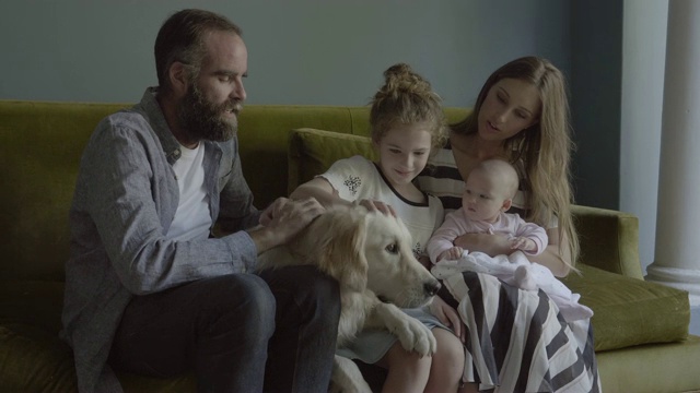 幸福的家庭和沙发上的金毛猎犬视频素材