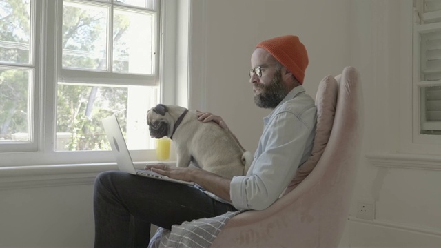 在家里用笔记本电脑抚摸哈巴狗的男人视频素材
