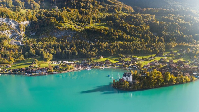 Lake Brienz Landscape蓝绿色Iseltwald瑞士Aerial 4k视频素材