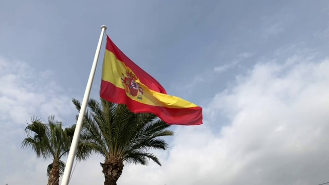 慢镜头西班牙，西班牙国旗在风中飘扬，棕榈树，云彩和鸟在背景。视频素材