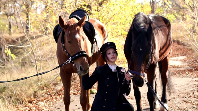 在温暖的秋日里，华贵的小女孩牵着两匹马在森林里散步。视频下载