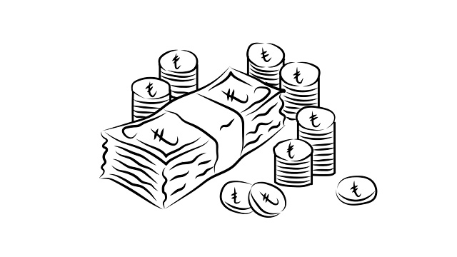 动画捆钞票和成堆的硬币。土耳其里拉。视频下载