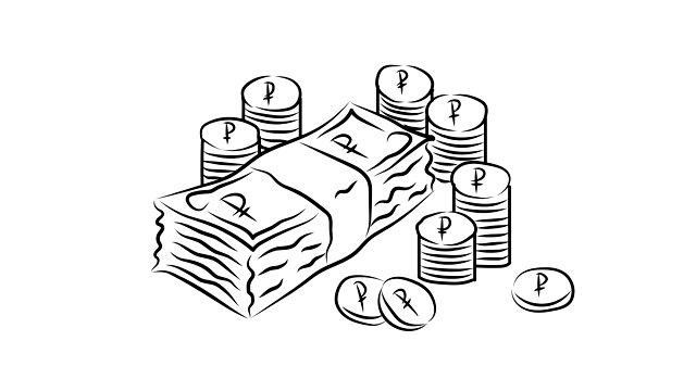 动画捆钞票和成堆的硬币。卢布。俄罗斯。视频下载