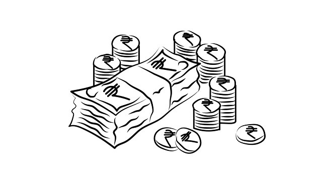 动画捆钞票和成堆的硬币。卢比。印度。视频素材