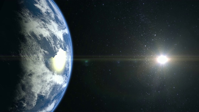 地球从太空。照相机向前飞近地球。星星闪烁。飞越地球，4K。地球缓慢地自转。现实的气氛。3 d体积云。太阳在画框里。视频素材