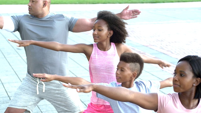 跨种族家庭一起在公园锻炼，瑜伽视频素材