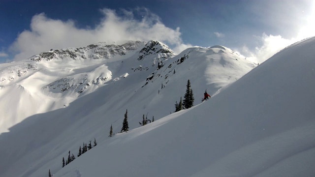 山上滑雪板新鲜粉末的视频视频素材