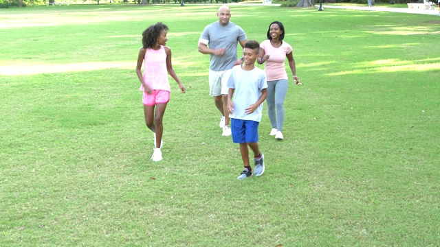 跨种族家庭在公园锻炼，快步走视频素材
