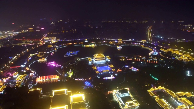 中国陕西西安，唐天堂城庆祝春节灯光秀航拍图视频素材