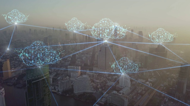 4k分辨率云技术鸟瞰图城市网络连接概念视频下载