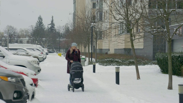一个年轻的妈妈和她的儿子走在婴儿车里。视频下载