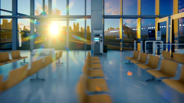 飞机对着美丽的日出从空机场，镜头平移视频素材