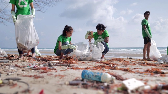 一群快乐的志愿者用垃圾袋清理海滩上的区域。志愿、慈善、清洁、人与生态的观念。志愿服务视频下载