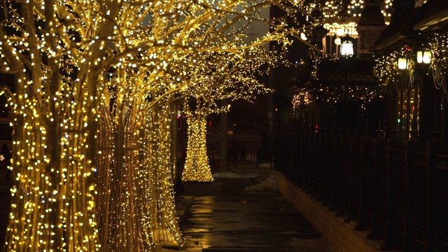 装饰树在金色的花环在城市街道在不焦点。圣诞节和新年假期的背景。视频素材