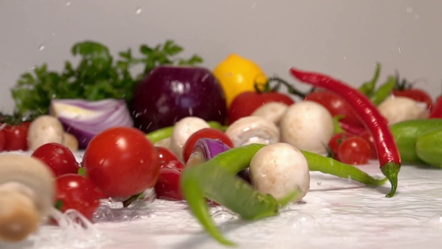 在白色的背景上，新鲜的蔬菜和水一起慢慢落下视频素材