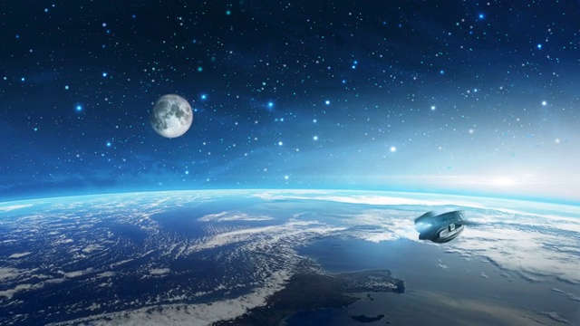 空间场景。宇宙飞船与月球一起在地球行星上空飞行。视频下载