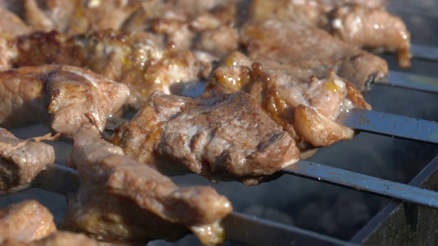 烤开胃的猪肉羊肉串在木炭烤架上用烟烹饪视频素材