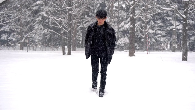 脚到全身-年轻的亚洲男子走在雪在冬天，而下雪视频素材