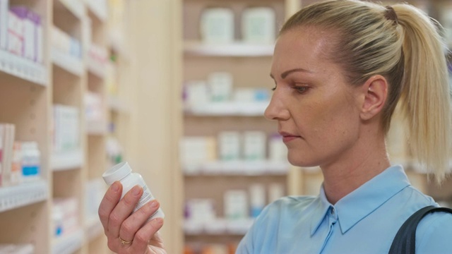 白人妇女检查她从药店货架上拿的药瓶和阅读标签视频素材
