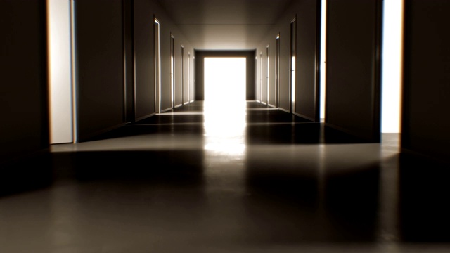 穿过黑暗的走廊与许多打开和关闭的门到明亮的白色出口。商业和技术概念。视频素材