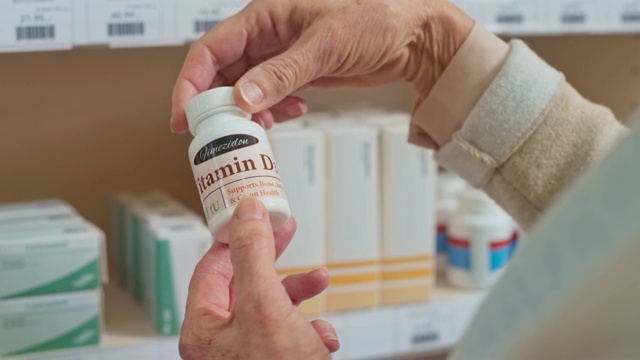 老年妇女的手拿着一瓶D3维生素在药店转着看标签视频下载