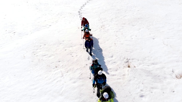 这群游客是准备充分的游客，在白雪覆盖的草原上导航，高高的积雪，只留下深深的痕迹视频下载