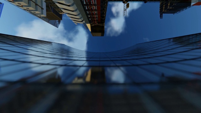 办公楼外立面和飞机掠过蓝天，旅行相机视频下载