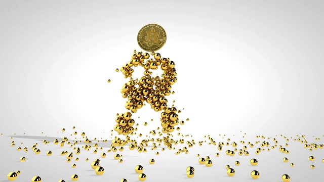 黄金木偶比特币的头跳舞，金色的球下落，对着白色视频下载
