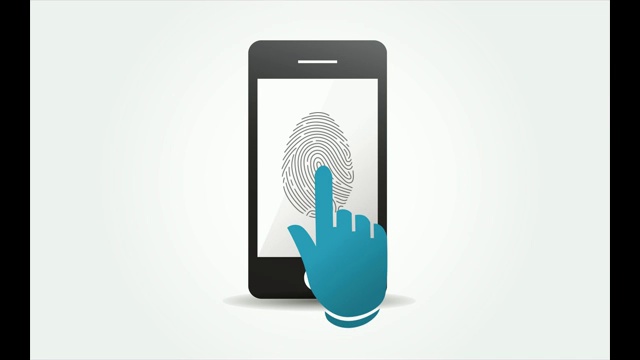 安全快捷的互联网接入，带有指纹扫描的移动银行。在智能手机上的应用程序中，男子将手指放在扫描仪上。视频素材