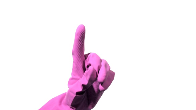 手与紫色橡胶手套指向白色背景视频下载
