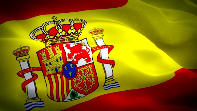 西班牙国旗在风中飘扬。现实的西班牙国旗背景。西班牙国旗循环特写1080p全高清1920X1080镜头。马德里，西班牙，欧盟，欧洲国家的旗帜片段视频为电影，新闻视频下载