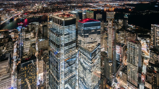 T/L WS HA ZO现代摩天大楼在曼哈顿下城的夜晚/纽约，美国视频下载