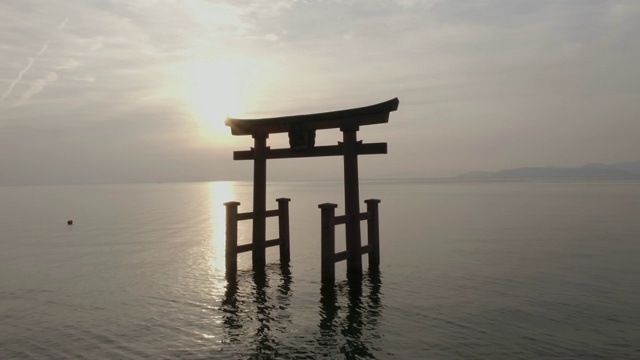 白higu -jinja神社(著名的日出圣地)鸟居门漂浮在日本志贺县高岛琵琶湖中视频下载