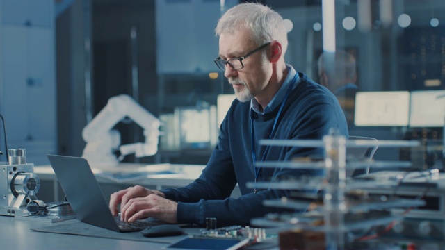 专业电子设计工程师戴眼镜在实验室笔记本电脑上工作。在背景主板，电路板，重工业机器人组件视频素材
