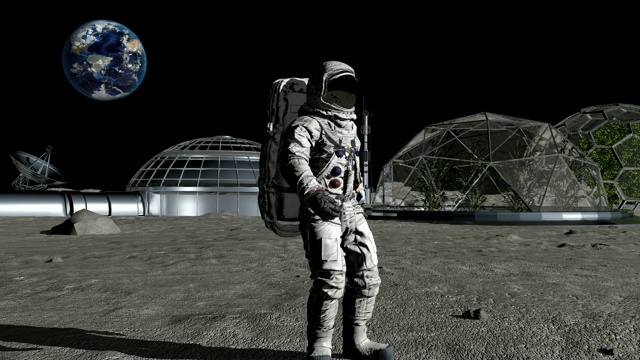 科幻的场景。未来的月球殖民地。宇航员在月球上行走。视频素材