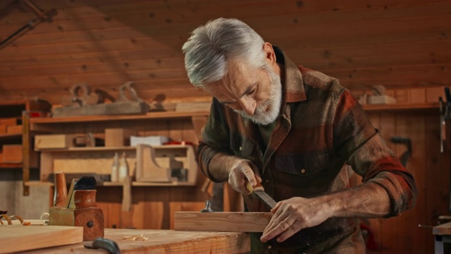 有灰白胡子和头发的男木匠，正在他的车间里用锉刀完成一部分工件视频素材