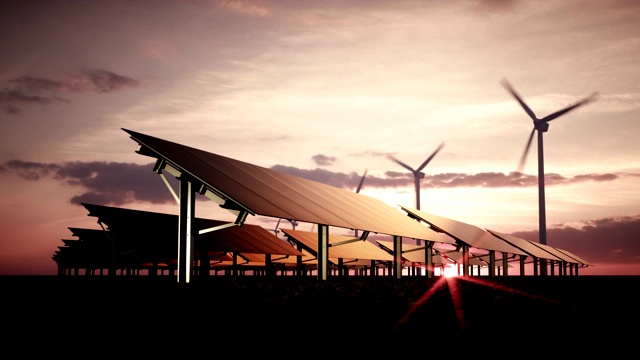 现代和未来主义美学的大型光伏电站的黑色太阳能电池板与风力涡轮机的背景在温暖的夕阳光。3 d渲染视频。视频素材