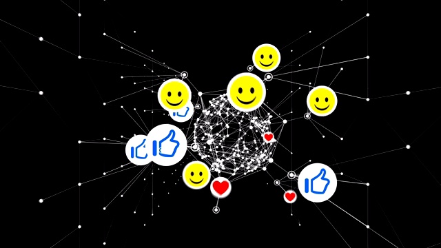 微笑，竖起大拇指和心形符号循环3d动画。社交媒体图标与网络网格无缝移动。视频购买