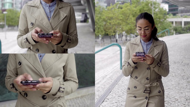 女人走在建筑上，用智能手机发短信的拼贴画视频下载