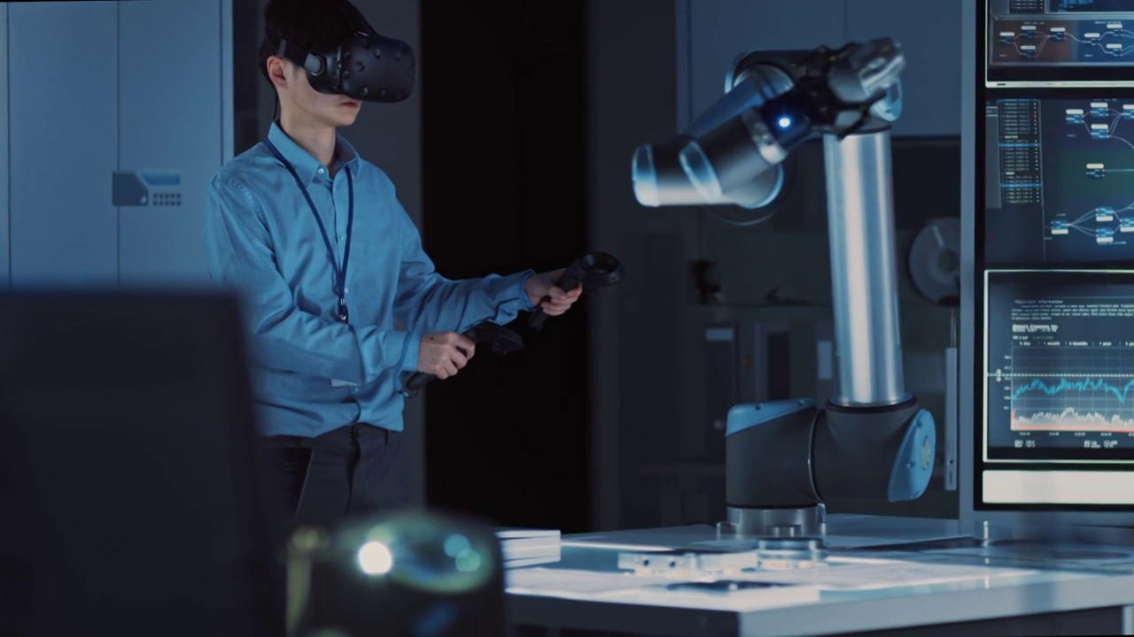 专业的日本开发工程师在蓝色衬衫控制一个未来的机器人手臂与虚拟现实耳机和操纵杆在高科技研究实验室与现代设备。视频素材
