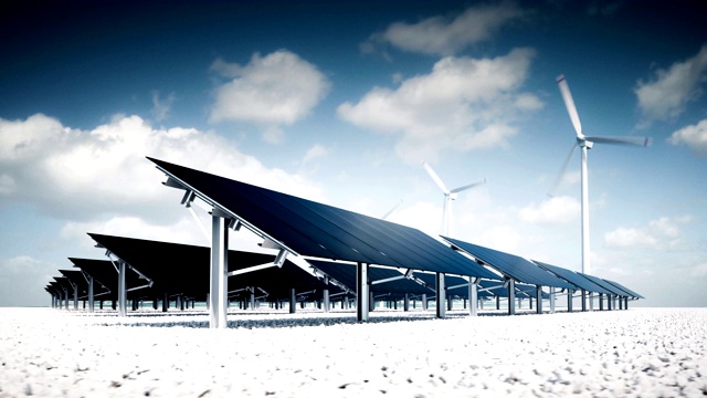 现代和未来美学的黑色太阳能电池板大型光伏电站与风力涡轮机的背景，在晴朗的下午天气和部分多云的蓝天。3 d渲染。视频素材