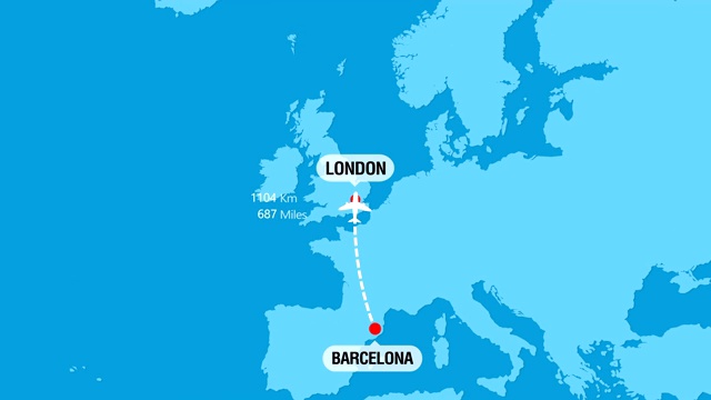 巴塞罗那到伦敦的航班旅行路线视频下载