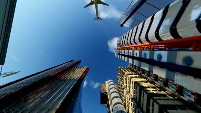 办公大楼上空的飞机，旅行相机视频素材