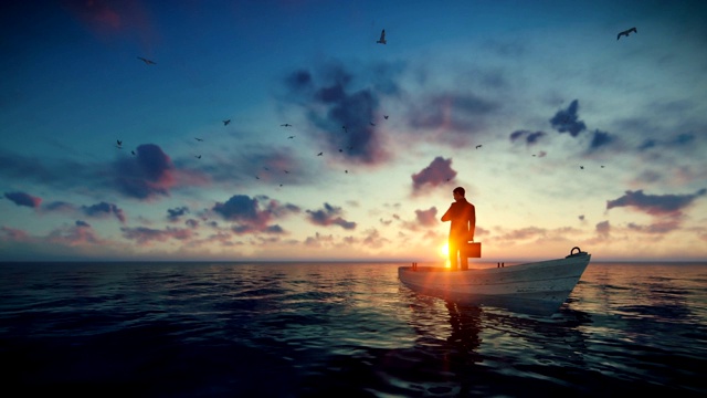 商人拿着公文包，身旁围着海鸥，坐在夕阳下大海中央的一艘船上视频素材