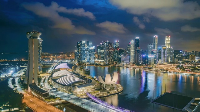 从白天到夜晚，新加坡的天际线和金融区在黄昏时的超失效，显示滨海湾视频下载