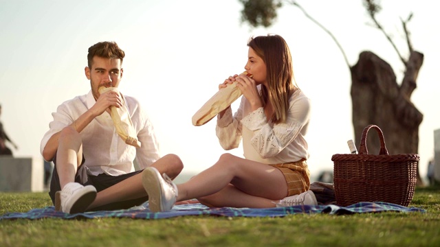 一对夫妇在野餐时享用三明治视频下载