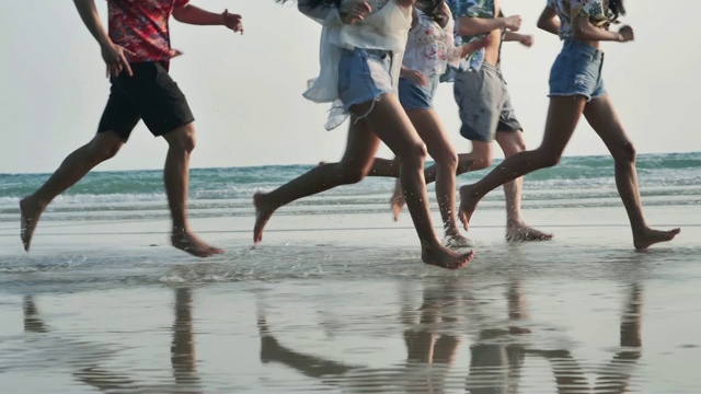 一群朋友在海滩上玩。缓慢的运动。假期的概念。视频素材