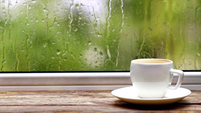 白色的咖啡杯在复古的木制窗台或桌子上，对着窗户与雨滴和树叶模糊的背景。视频素材