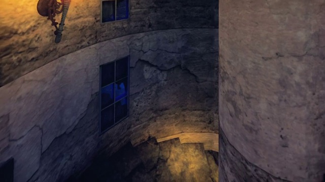在一个幽深可怕的夜晚，从一座神秘的中世纪塔楼的台阶上走下来。现实的电影动画。视频素材